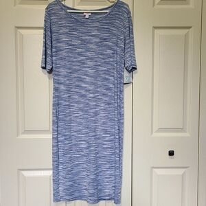 Blue & Cream Patterned Short Sleeve Knee Length Casual Knit Pencil Dress 2XL NWT
